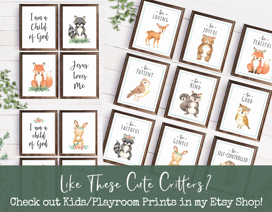 Ad displaying woodland animal nursery and playroom art prints